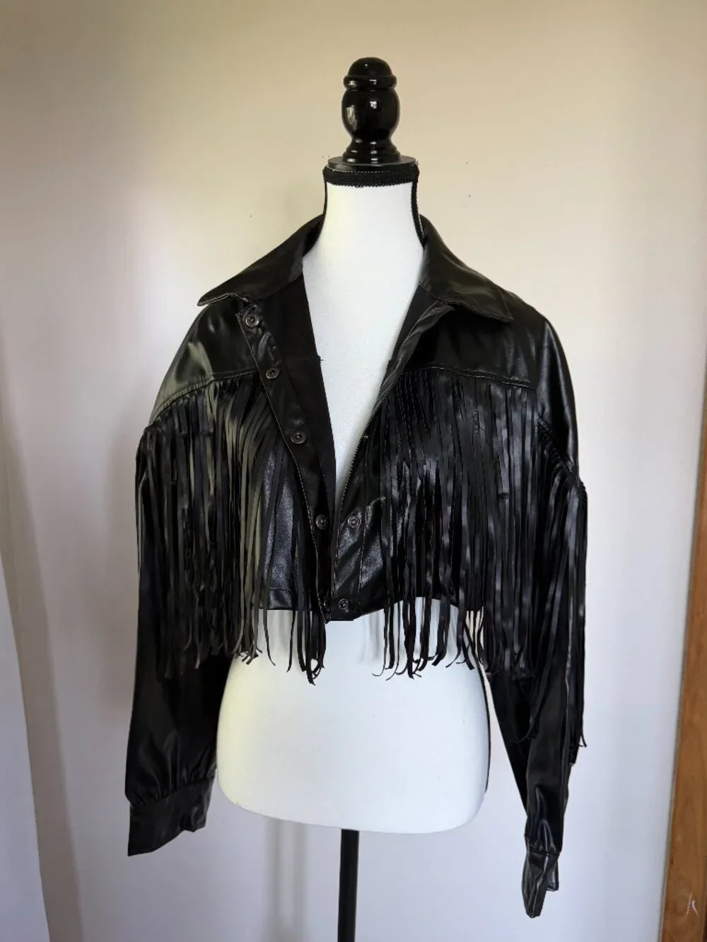 SHEIN Black Faux Leather Fringe Cropped Jacket | Worn Once | Size M